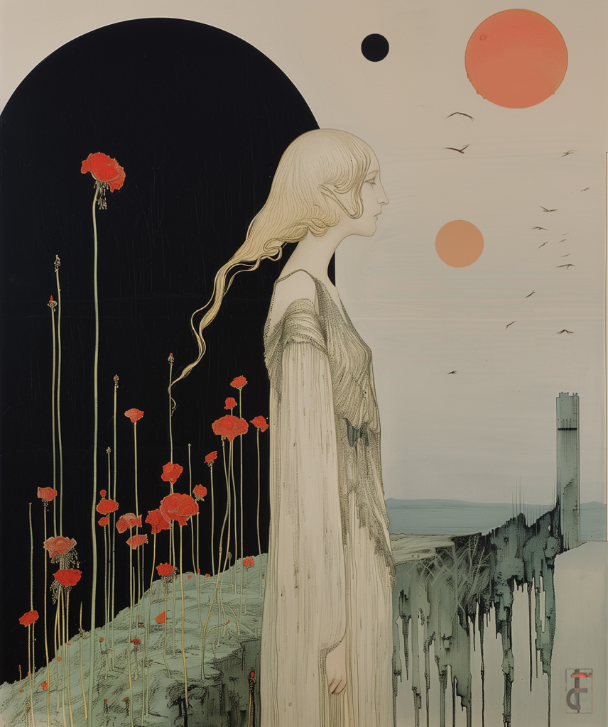 A figure in contemplative solitude finds balance in its inner dualisms.