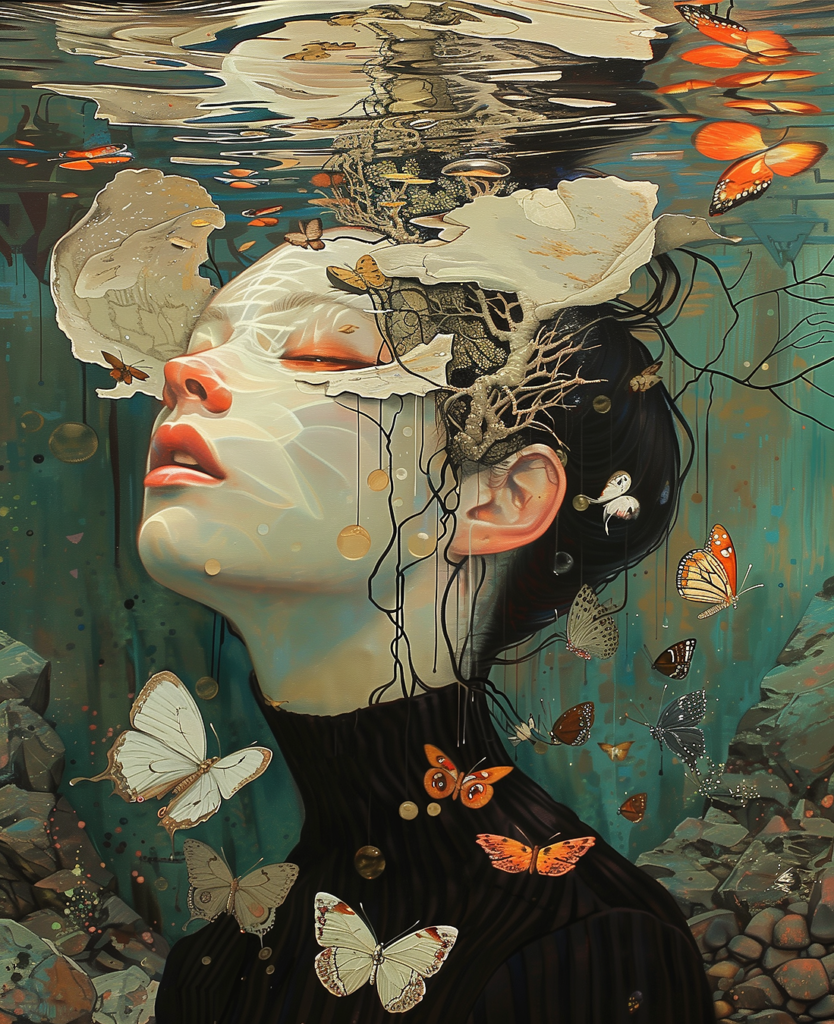 In a silent embrace between water and earth, the soul emerges, adorned with metamorphosis, reminding us that beauty lies in the unseen processes of transformation. The butterflies, guardians of our dreams, dance between reality and fantasy, suggesting that every moment is an opportunity for rebirth