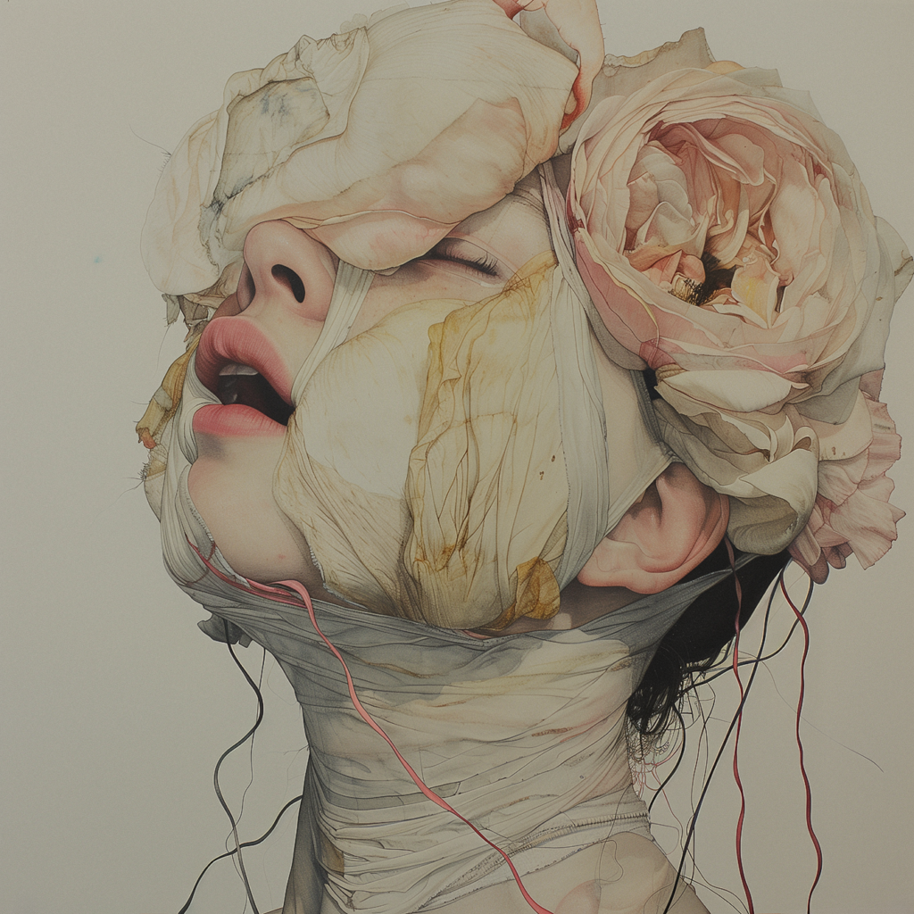 This work is an intricate fusion of flesh and petals that evokes an emotion suspended between beauty and suffering. The figure, wrapped in bandages that blend with delicate wilted flowers, seems to emerge from a surreal dream. The pale tones and delicate lines underscore an intense vulnerability, while the threads slipping around evoke a sense of decay and rebirth. This piece captures the essence of human fragility, revealing a poignant beauty that arises from the interplay between life and decay.