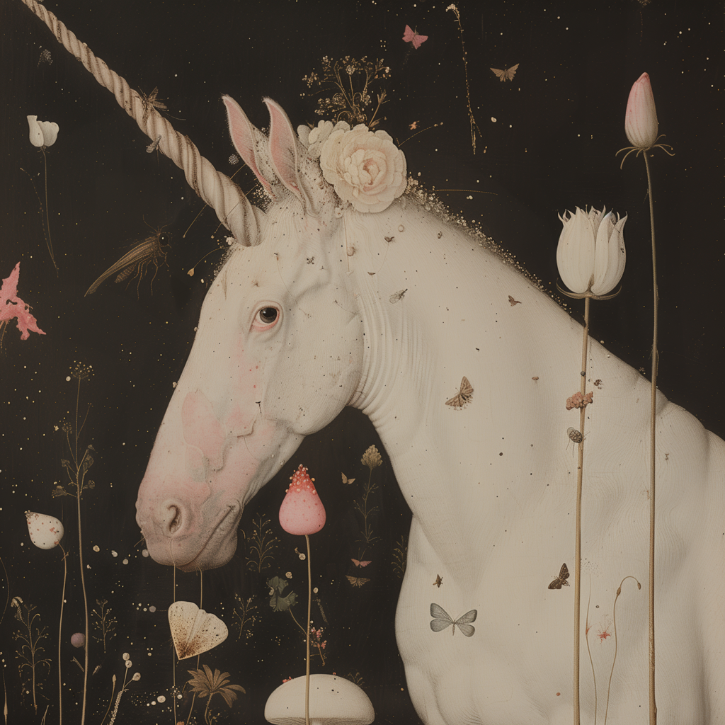 A unicorn invites us to rediscover the magic in the subtle details of nature, among delicate flowers and tiny butterflies, as fragments of an enchanted universe waiting to be unveiled.
