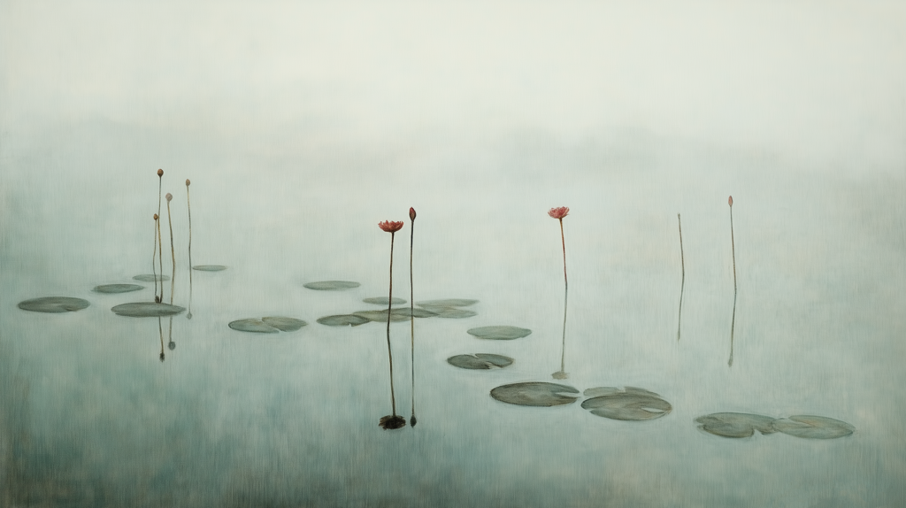 In a water mirror, the voices of the water lilies rise, suspended, toward a pale sky. The slender stems, solitary yet interconnected, seem to weave a tapestry of whispered thoughts, while the gaze gets lost in the breath of a vanishing horizon. Here, time dissolves into a whisper of mist.