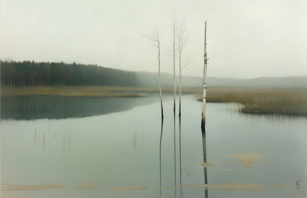 "In a suspended space where everything feels distant, the trees rise isolated in the calm waters, enveloped by a surreal and metaphysical atmosphere."